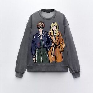 Zara Gray Sweatshirt with Fashion Illustration